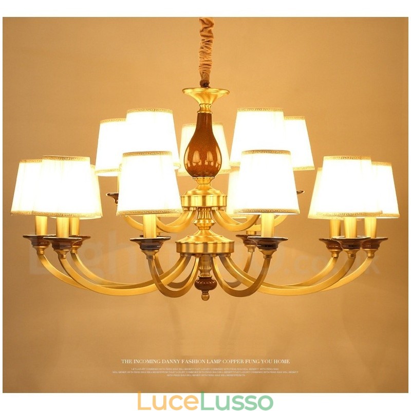 Lampadario a sospensione in ottone rustico retrò da 15 luci con paralume in vetro