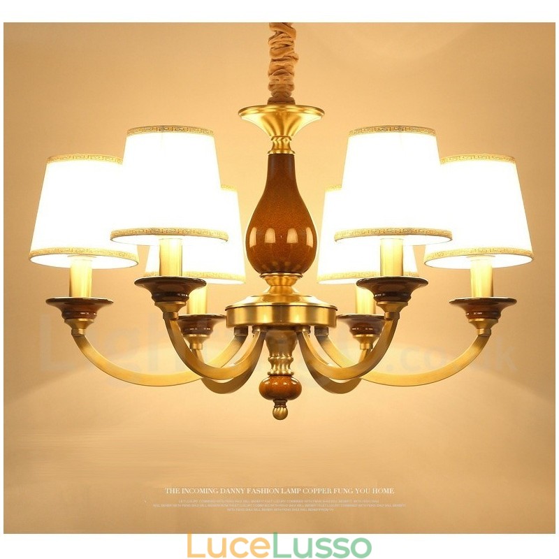 Lampadario a sospensione in ottone rustico retrò a 6 luci con paralume in vetro