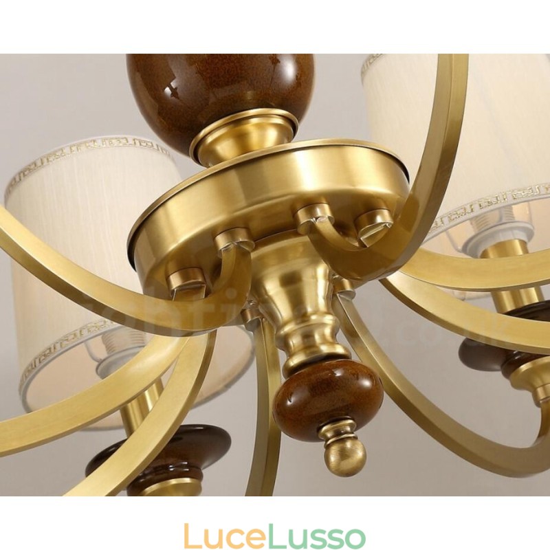 Lampadario a sospensione in ottone rustico retrò a 6 luci con paralume in vetro
