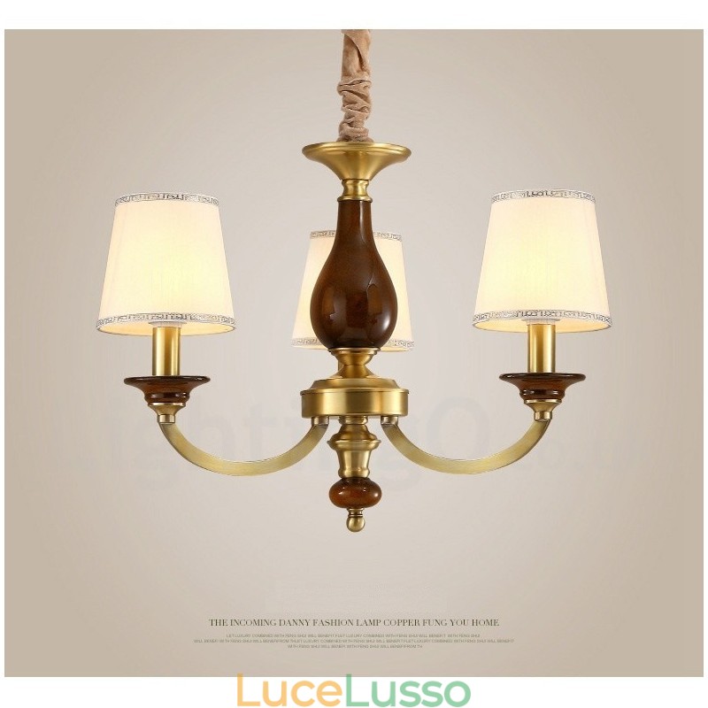 Lampadario a sospensione in ottone rustico retrò a 3 luci con paralume in vetro