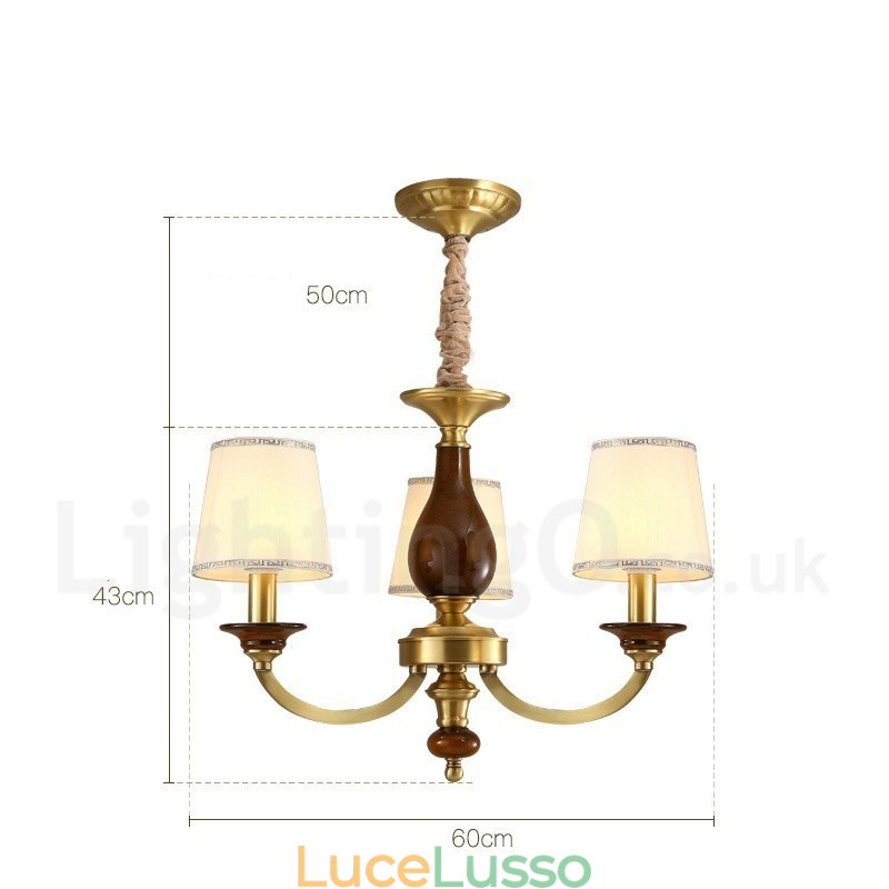 Lampadario a sospensione in ottone rustico retrò a 3 luci con paralume in vetro
