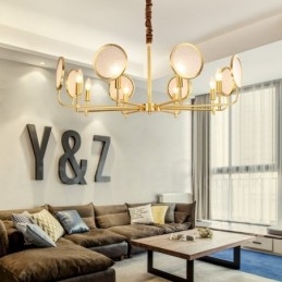 Lampadario a sospensione rustico retrò in ottone di lusso a 8 luci con paralume in vetro