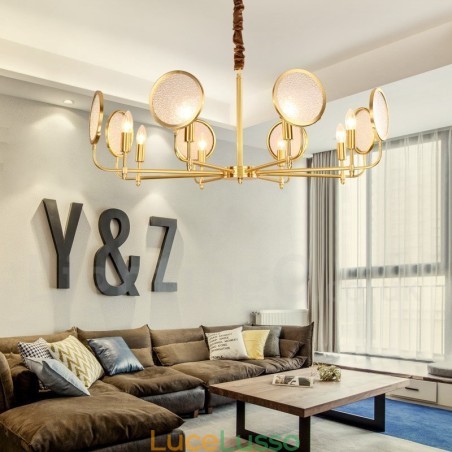 Lampadario a sospensione rustico retrò in ottone di lusso a 8 luci con paralume in vetro Lampadario a sospensione rustico retrò in ottone di lusso a 8 luci con paralume in vetro
