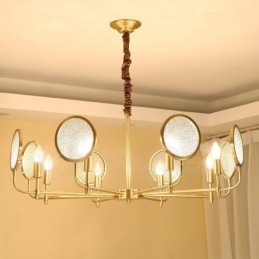 Lampadario a sospensione rustico retrò in ottone di lusso a 8 luci con paralume in vetro
