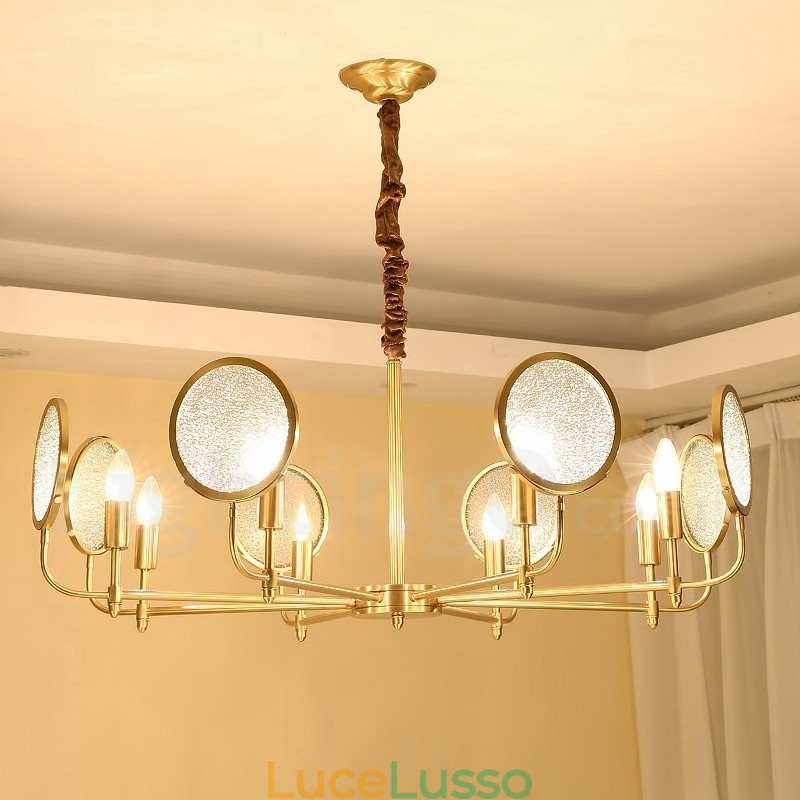 Lampadario a sospensione rustico retrò in ottone di lusso a 8 luci con paralume in vetro