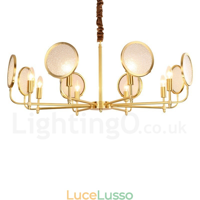 Lampadario a sospensione rustico retrò in ottone di lusso a 8 luci con paralume in vetro