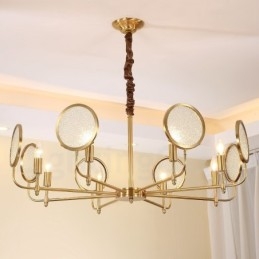 Lampadario a sospensione rustico retrò in ottone di lusso a 8 luci con paralume in vetro