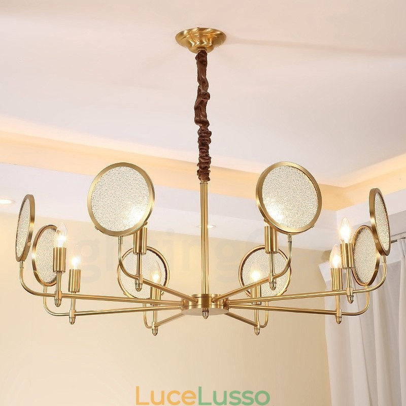 Lampadario a sospensione rustico retrò in ottone di lusso a 8 luci con paralume in vetro