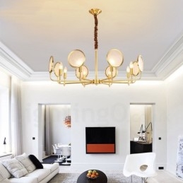 Lampadario a sospensione rustico retrò in ottone di lusso a 8 luci con paralume in vetro