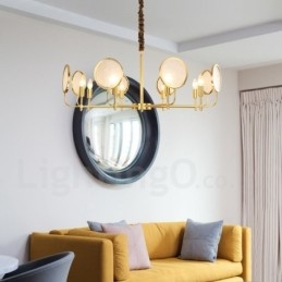 Lampadario a sospensione rustico retrò in ottone di lusso a 8 luci con paralume in vetro