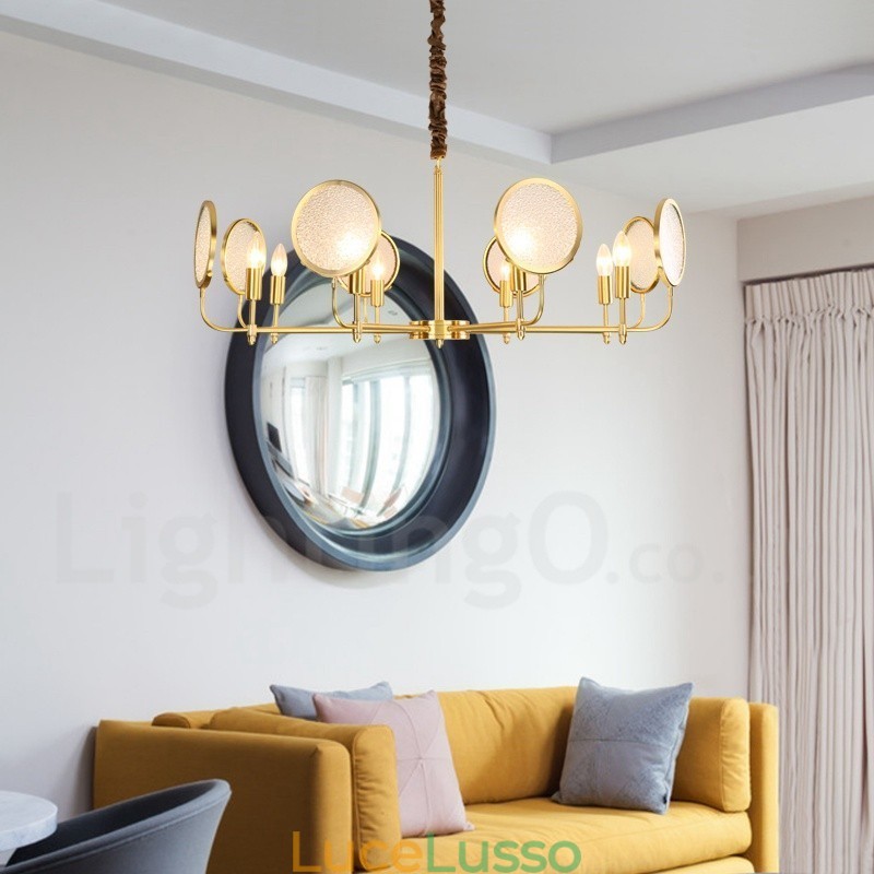 Lampadario a sospensione rustico retrò in ottone di lusso a 8 luci con paralume in vetro