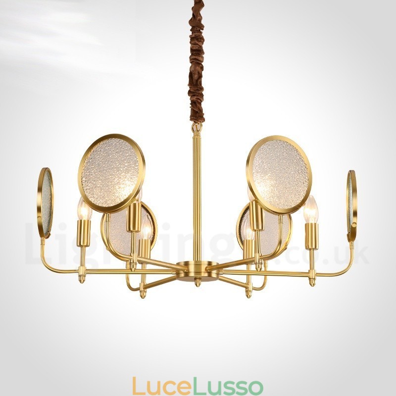 Lampadario a sospensione in ottone rustico retrò a 6 luci con paralume in vetro