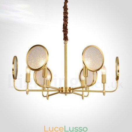 Lampadario a sospensione in ottone rustico retrò a 6 luci con paralume in vetro Lampadario a sospensione in ottone rustico retrò a 6 luci con paralume in vetro