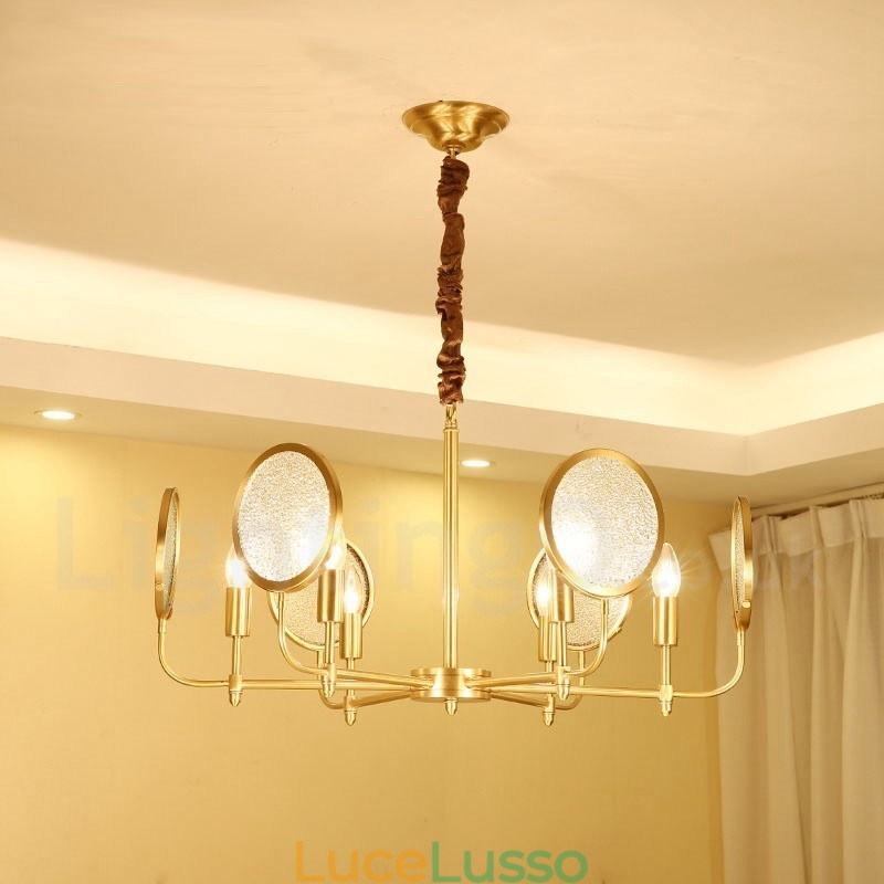 Lampadario a sospensione in ottone rustico retrò a 6 luci con paralume in vetro