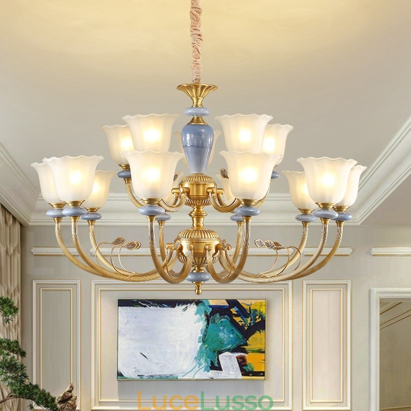 Lampadario a sospensione in ottone rustico retrò da 15 luci con paralume in vetro