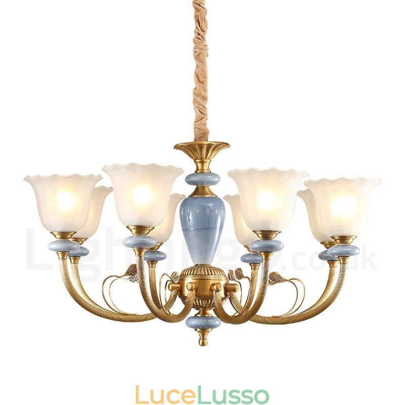 Lampadario a sospensione rustico retrò in ottone di lusso a 8 luci con paralume in vetro