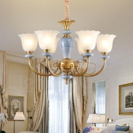 Lampadario a sospensione in ottone rustico retrò a 6 luci con paralume in vetro