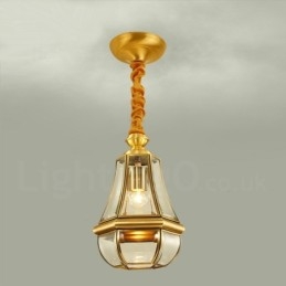 Lampadario a sospensione in ottone rustico retrò da 1 luce con paralume in vetro