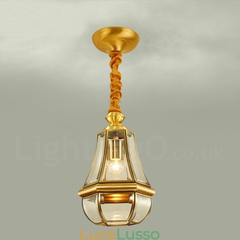 Lampadario a sospensione in ottone rustico retrò da 1 luce con paralume in vetro