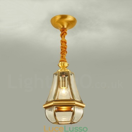 Lampadario a sospensione in ottone rustico retrò da 1 luce con paralume in vetro Lampadario a sospensione in ottone rustico retrò da 1 luce con paralume in vetro