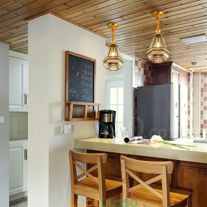 Lampadario a sospensione in ottone rustico retrò da 1 luce con paralume in vetro