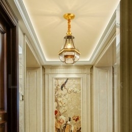 Lampadario a sospensione in ottone rustico retrò da 1 luce con paralume in vetro
