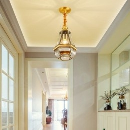 Lampadario a sospensione in ottone rustico retrò da 1 luce con paralume in vetro