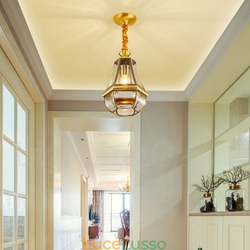 Lampadario a sospensione in ottone rustico retrò da 1 luce con paralume in vetro