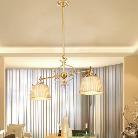 Lampadario a sospensione rustico retrò in ottone di lusso a 2 luci con paralume in tessuto Lampadario a sospensione rustico retrò in ottone di lusso a 2 luci con paralume in tessuto