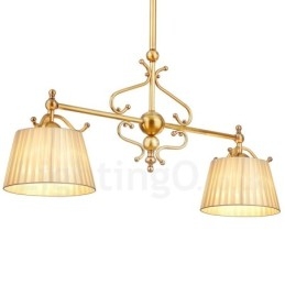 Lampadario a sospensione rustico retrò in ottone di lusso a 2 luci con paralume in tessuto