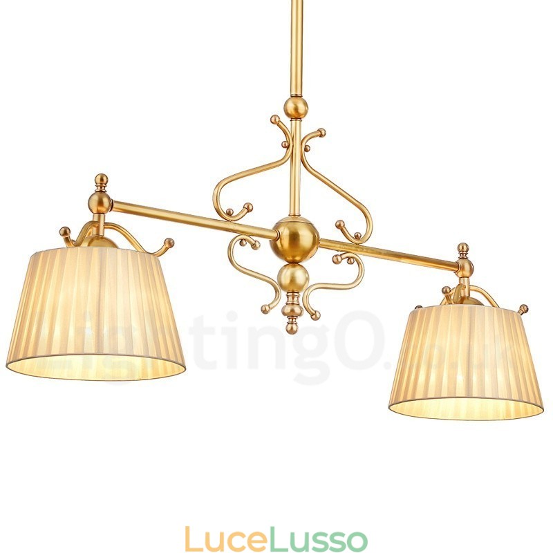 Lampadario a sospensione rustico retrò in ottone di lusso a 2 luci con paralume in tessuto