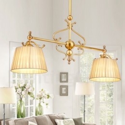 Lampadario a sospensione rustico retrò in ottone di lusso a 2 luci con paralume in tessuto