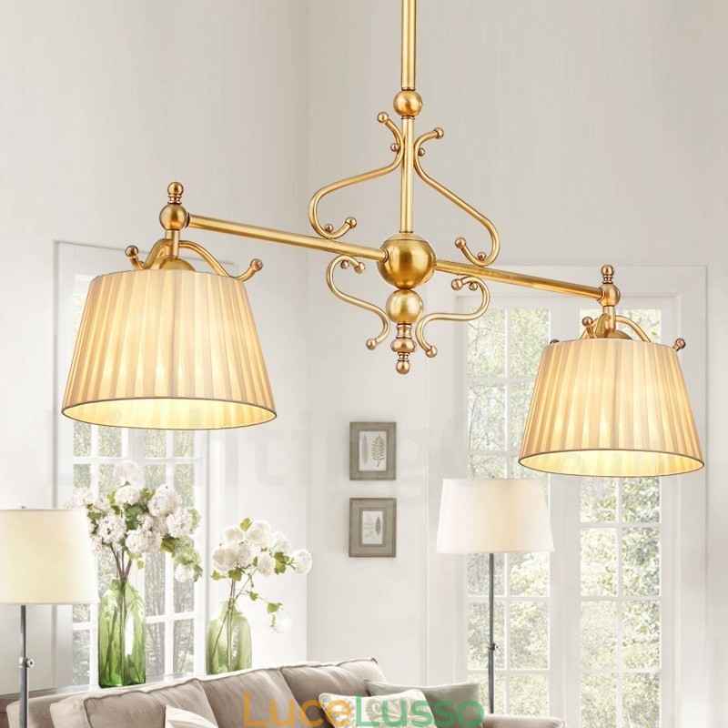 Lampadario a sospensione rustico retrò in ottone di lusso a 2 luci con paralume in tessuto