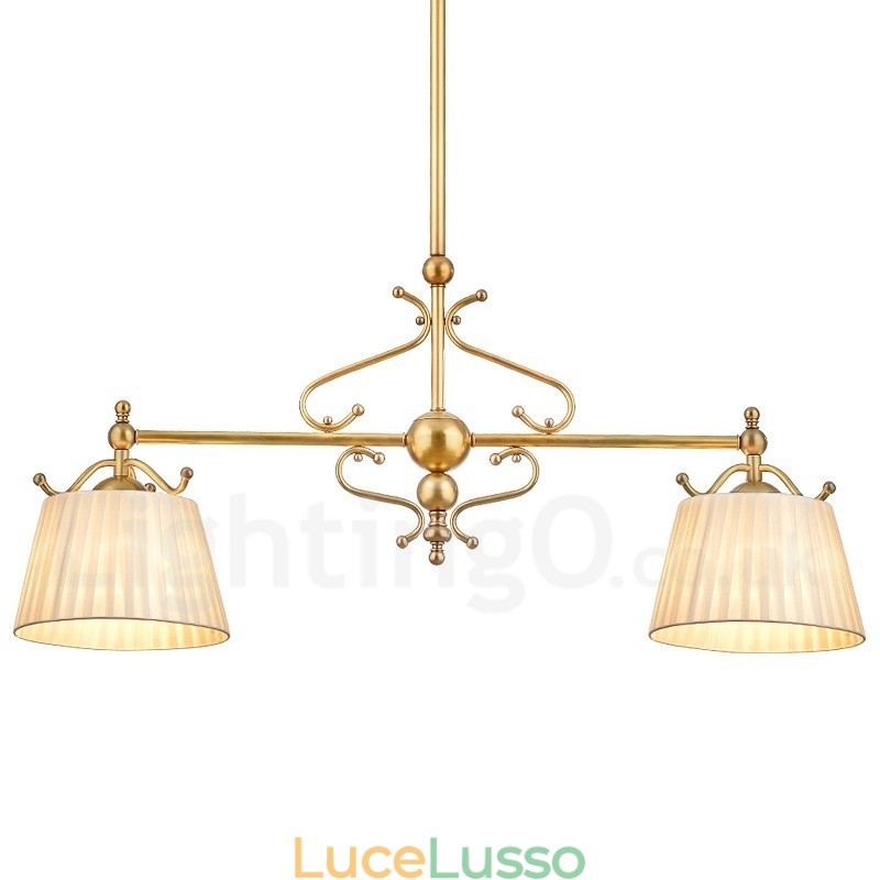 Lampadario a sospensione rustico retrò in ottone di lusso a 2 luci con paralume in tessuto
