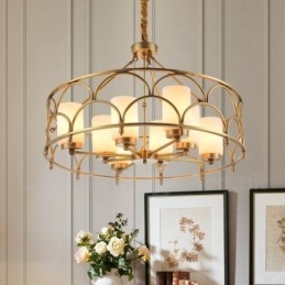 Lampadario a sospensione in ottone rustico retrò da 8 luci con paralume in vetro