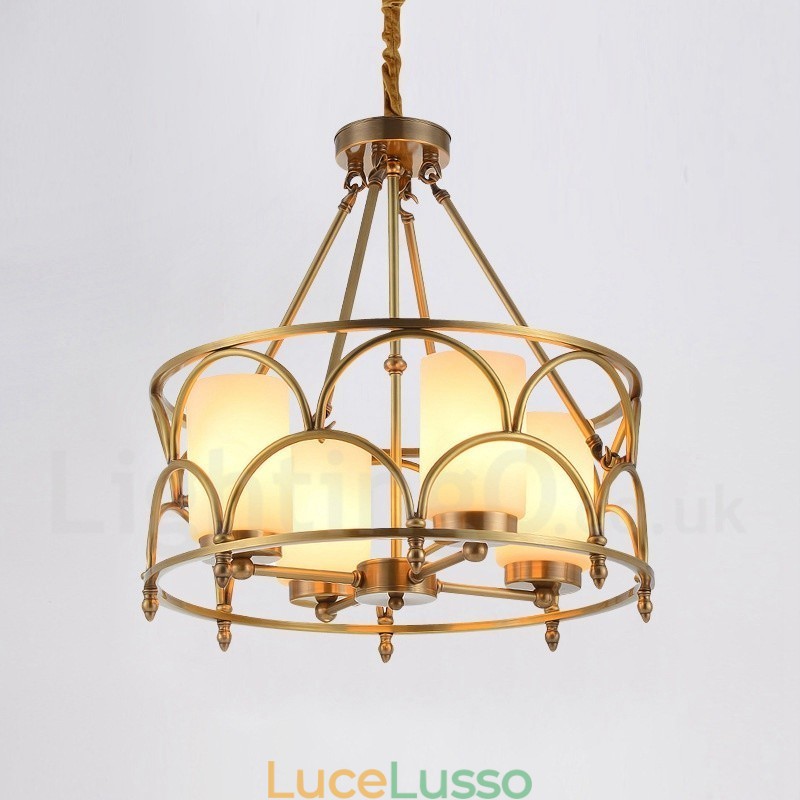 Lampadario a sospensione in ottone rustico retrò a 4 luci con paralume in vetro