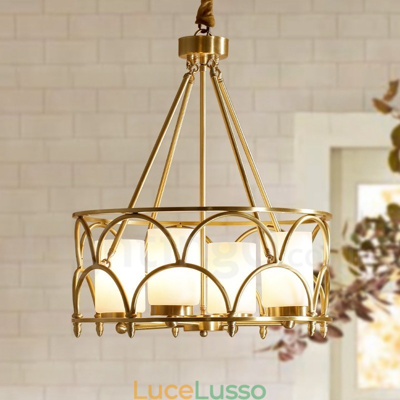 Lampadario a sospensione in ottone rustico retrò a 4 luci con paralume in vetro