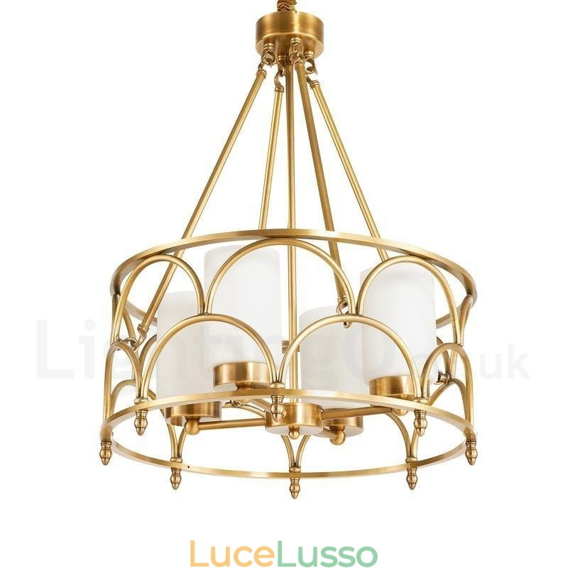 Lampadario a sospensione in ottone rustico retrò a 4 luci con paralume in vetro