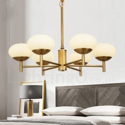 Lampadario a sospensione in ottone rustico retrò a 6 luci con paralume in vetro