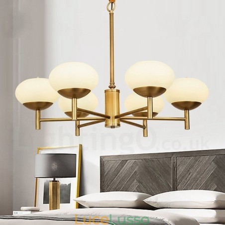 Lampadario a sospensione in ottone rustico retrò a 6 luci con paralume in vetro Lampadario a sospensione in ottone rustico retrò a 6 luci con paralume in vetro