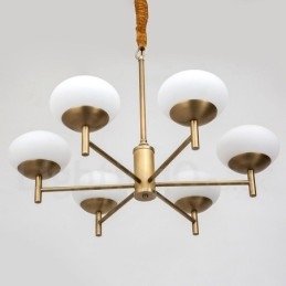 Lampadario a sospensione in ottone rustico retrò a 6 luci con paralume in vetro