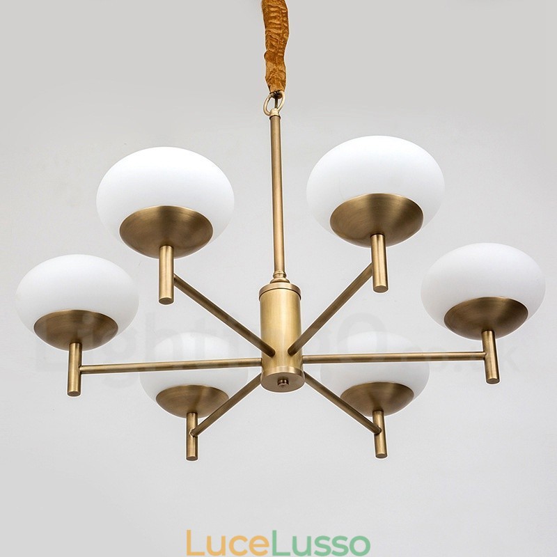 Lampadario a sospensione in ottone rustico retrò a 6 luci con paralume in vetro