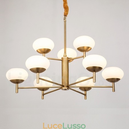 Lampadario a sospensione in ottone rustico retrò da 9 luci con paralume in vetro Lampadario a sospensione in ottone rustico retrò da 9 luci con paralume in vetro