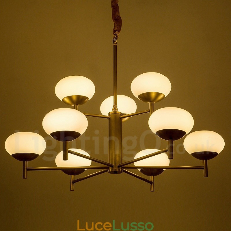 Lampadario a sospensione in ottone rustico retrò da 9 luci con paralume in vetro