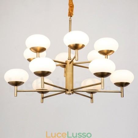 Lampadario a sospensione in ottone rustico retrò da 12 luci con paralume in vetro Lampadario a sospensione in ottone rustico retrò da 12 luci con paralume in vetro