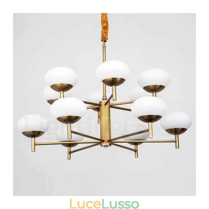 Lampadario a sospensione in ottone rustico retrò da 12 luci con paralume in vetro