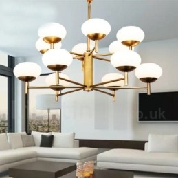 Lampadario a sospensione in ottone rustico retrò da 12 luci con paralume in vetro