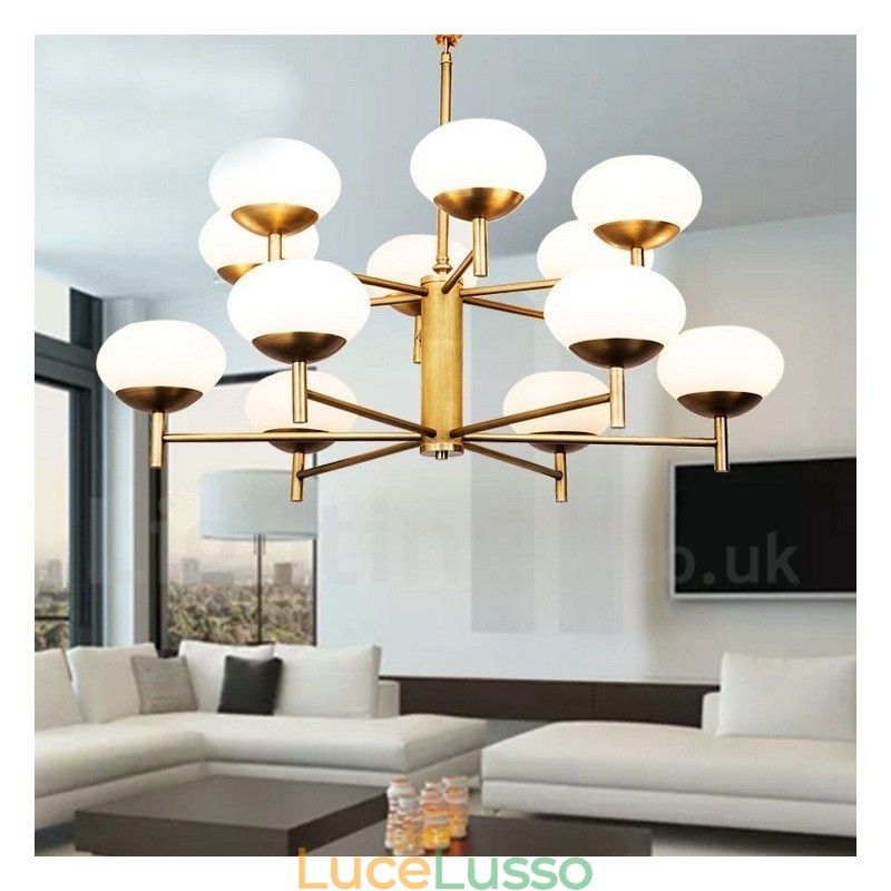 Lampadario a sospensione in ottone rustico retrò da 12 luci con paralume in vetro