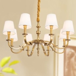Lampadario a sospensione rustico retrò in ottone di lusso a 8 luci con paralume in tessuto