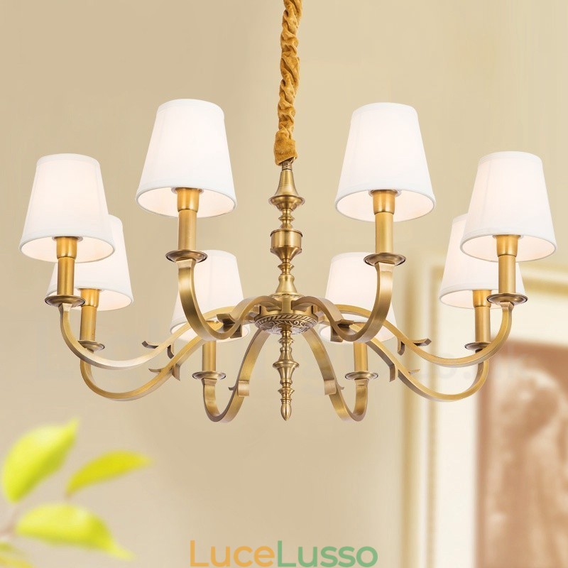 Lampadario a sospensione rustico retrò in ottone di lusso a 8 luci con paralume in tessuto